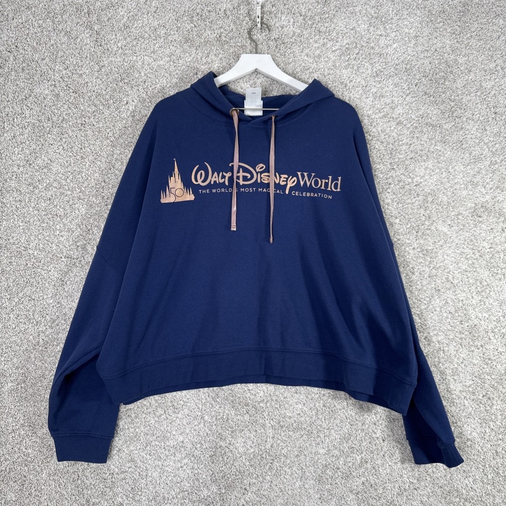 Walt Disney World Hoodie Women's Medium Blue 50th Anniversary Cropped Sweatshirt